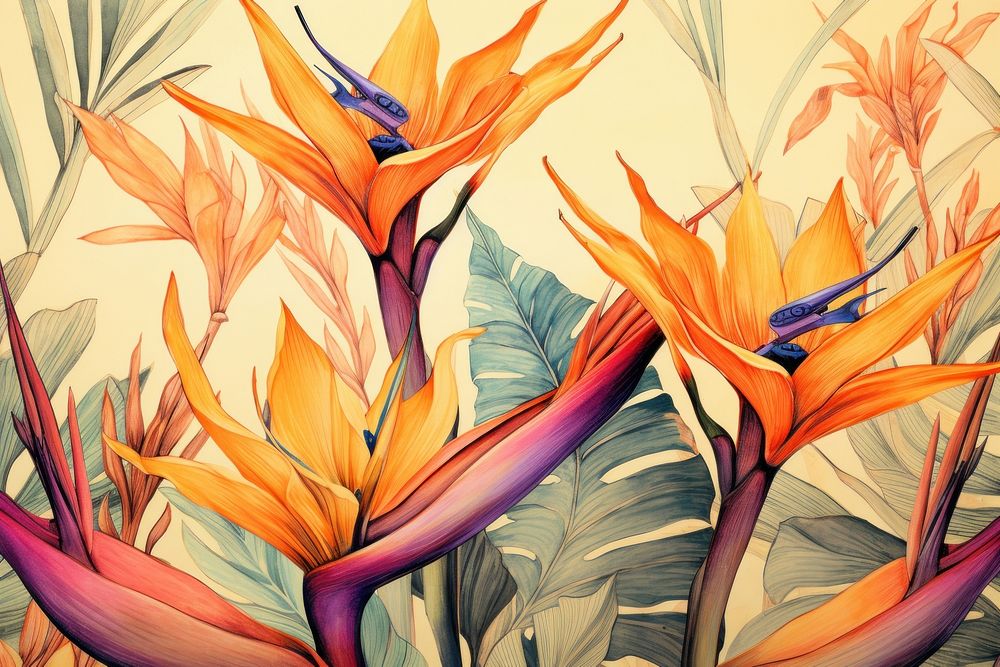 Pastel monotone seamless bird of paradise pattern flower painting.