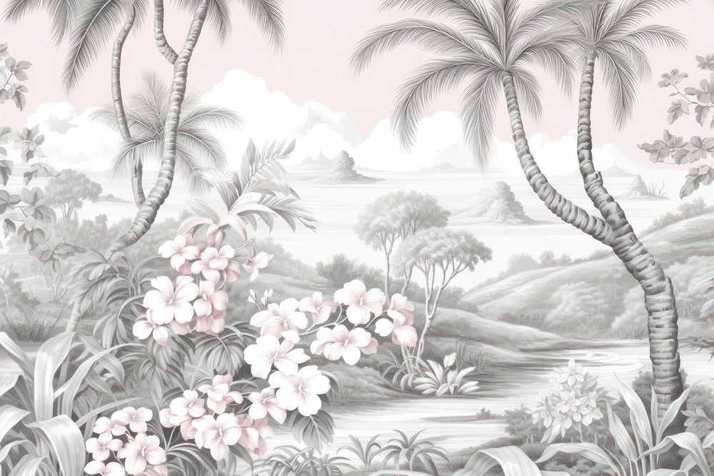 Pastel monotone seamless tropical tree drawing sketch backgrounds.