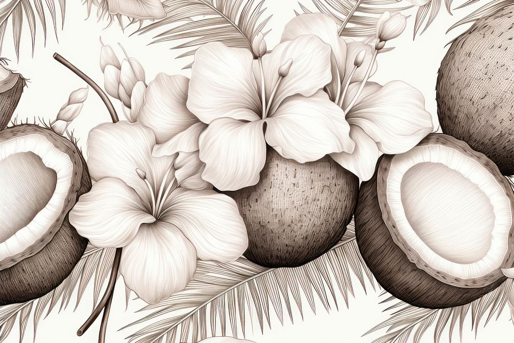 Monotone seamless coconut pattern drawing sketch backgrounds.