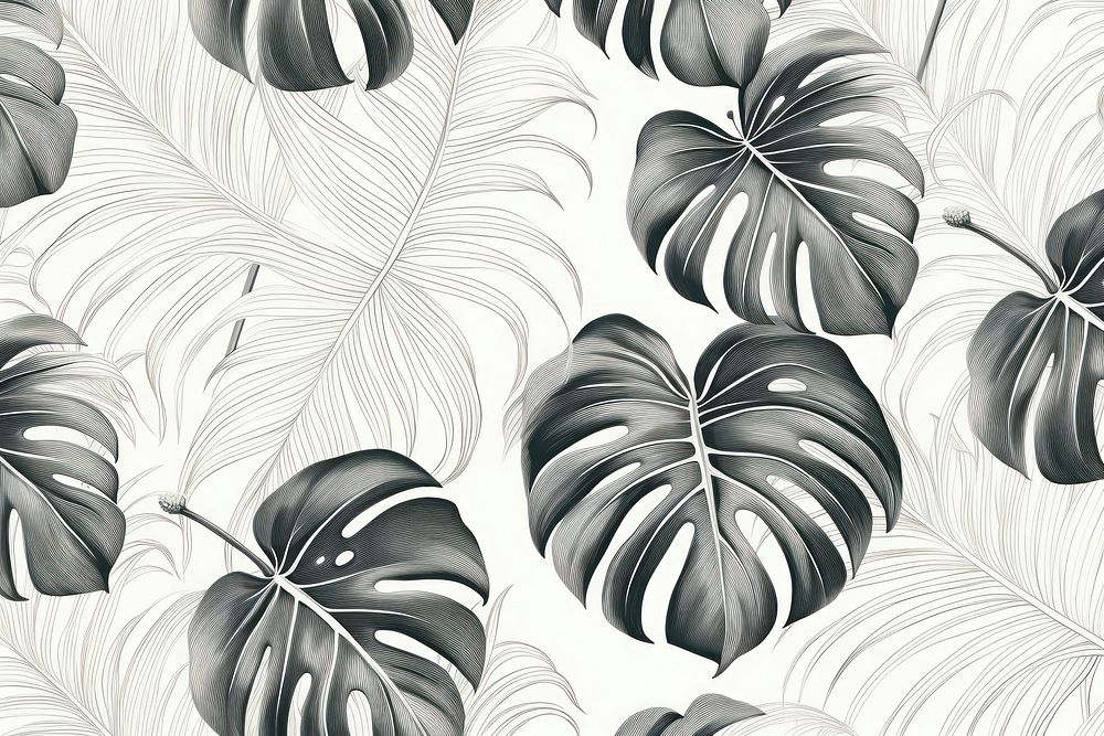 Seamless monotone monstera leaves pattern backgrounds drawing.