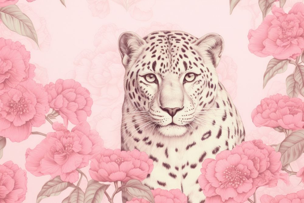 Seamless monotone leopard print flower wildlife pattern.