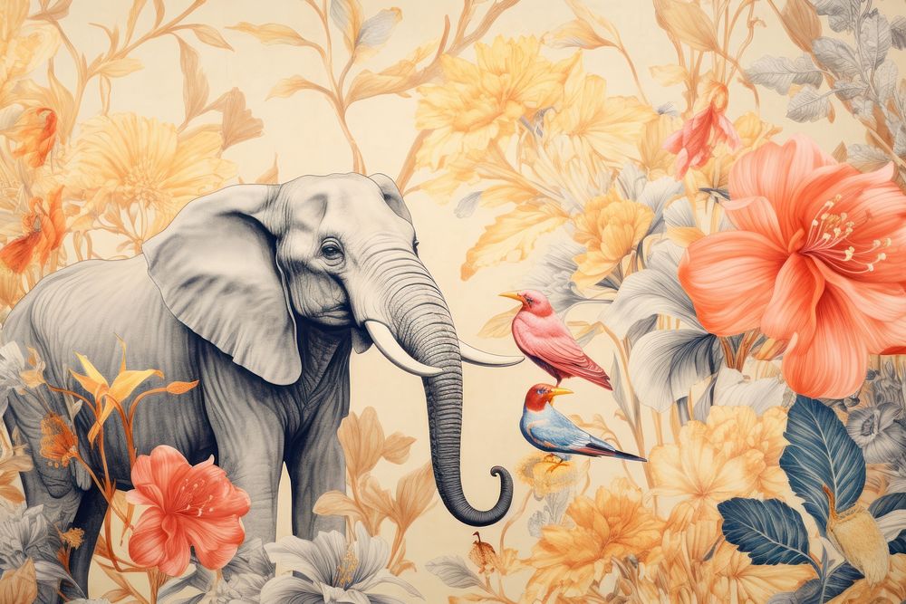 Vintage drawing of wild animals pattern backgrounds elephant.