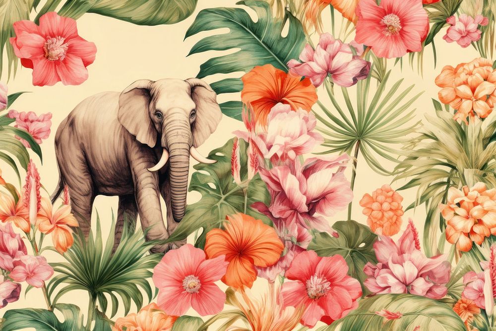 Vintage drawing of wild animals pattern flower backgrounds.