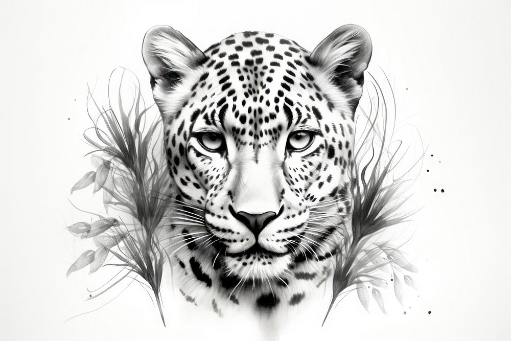 Black and white of leopard pencil sketch drawing wildlife pattern.