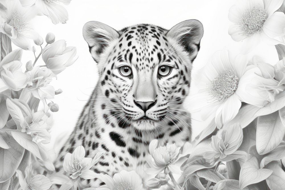 Black and white of leopard pencil sketch wildlife drawing pattern.
