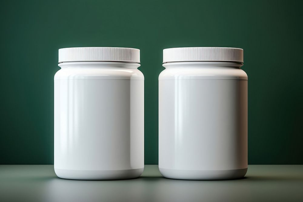 Protein powder jar green white container.