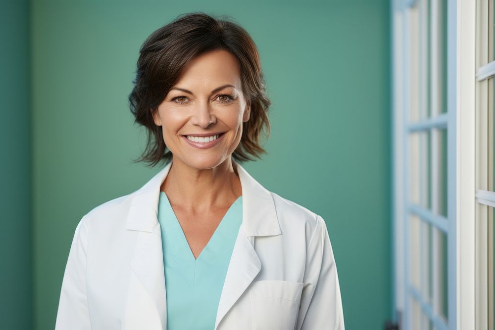 Caucasian woman doctor smiling adult stethoscope hairstyle.