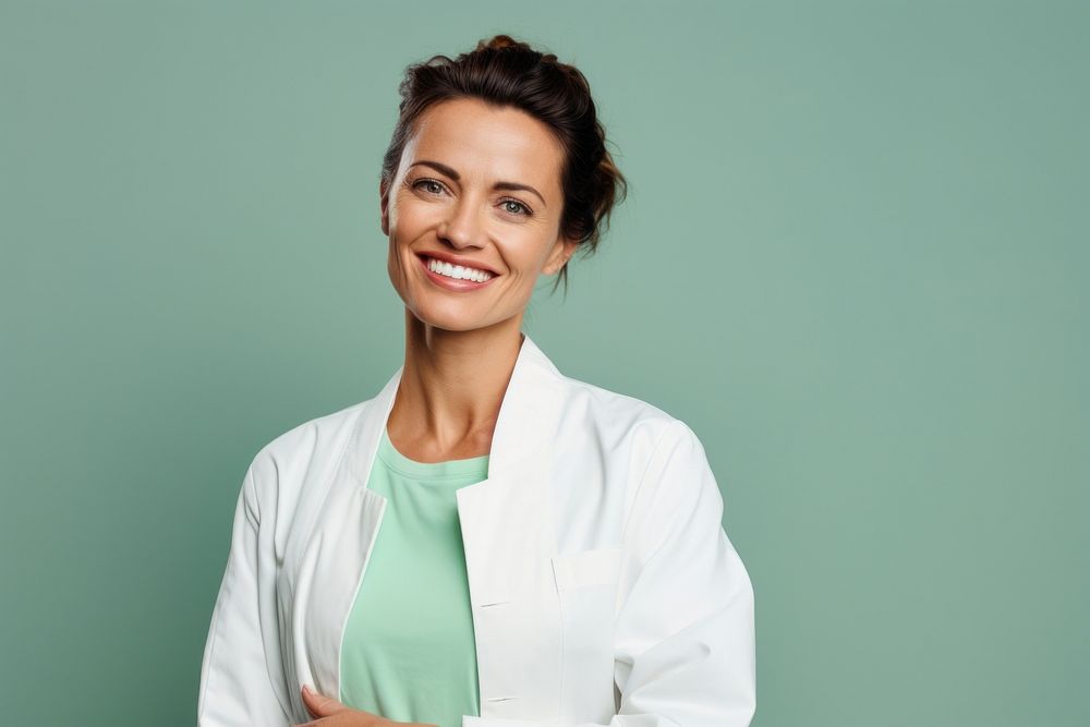 Caucasian woman doctor smiling adult smile green.