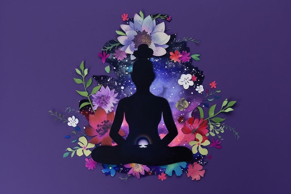 Collage of silhouette woman spirituality flower purple.