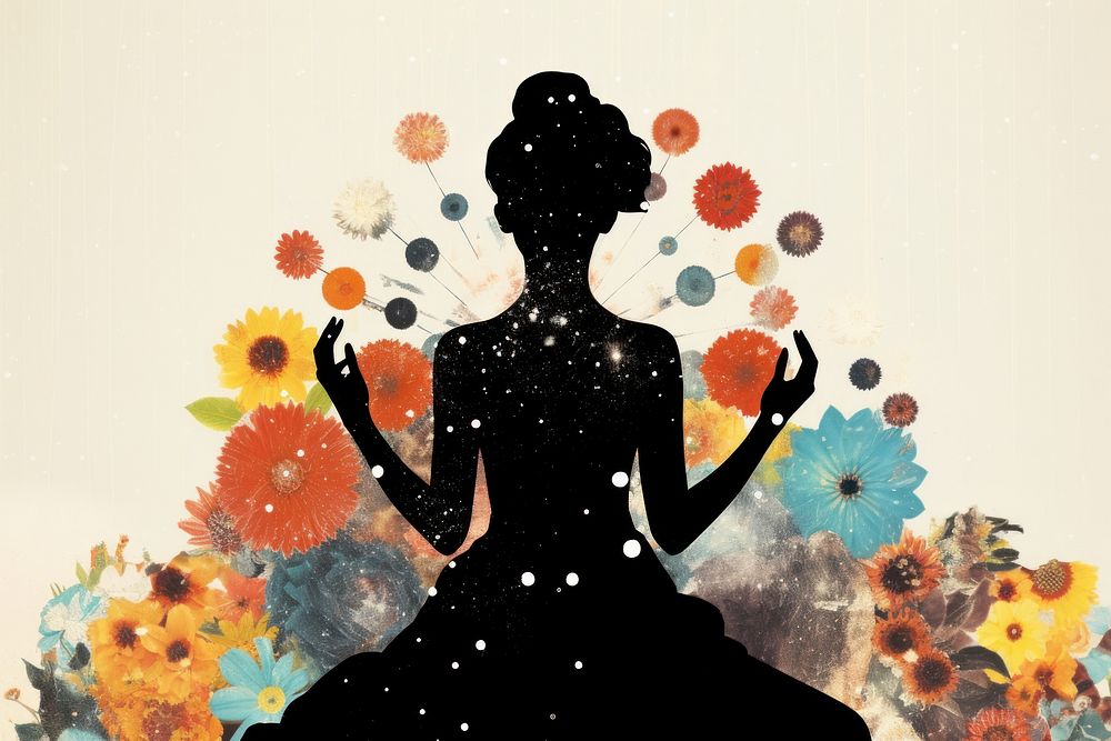 Silhouette woman doing meditation flower pattern art.