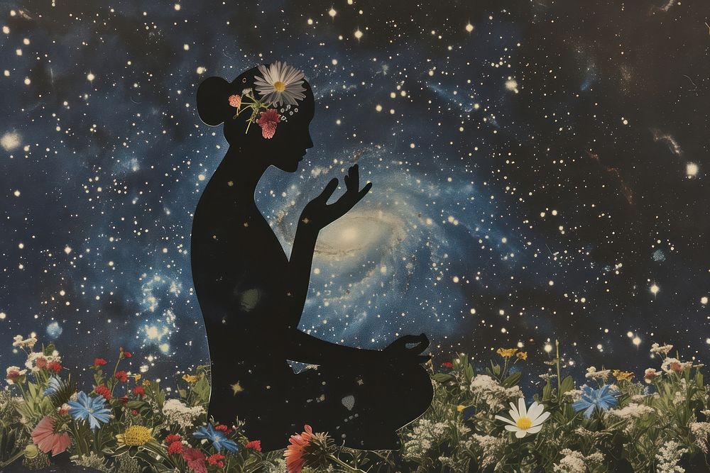 Collage of silhouette woman flower astronomy outdoors.