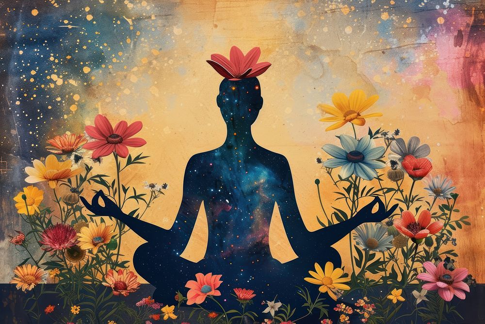Collage of silhouette woman flower spirituality painting.