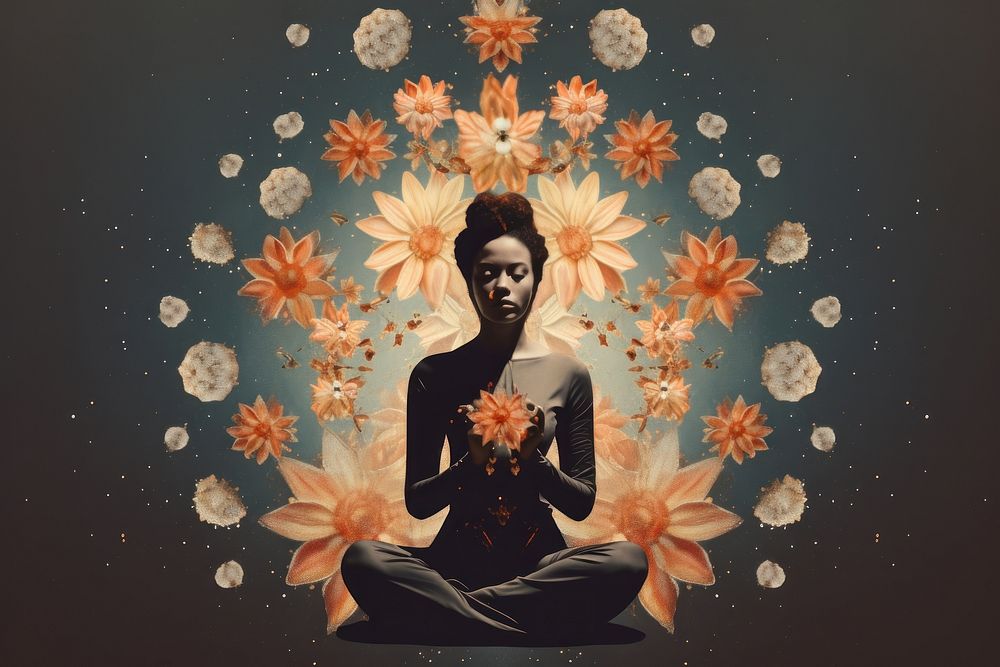 Silhouette woman doing meditation spirituality flower plant.