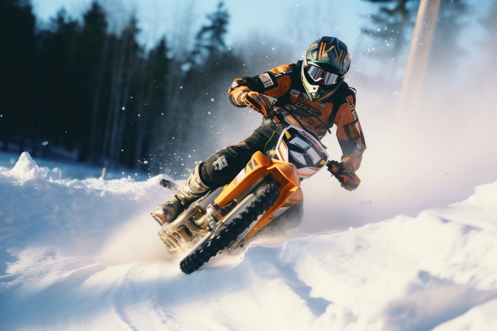 Snocross snowmobile motorcycle outdoors.