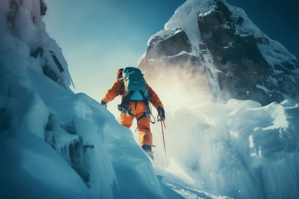 Snow climbing mountain backpack outdoors.