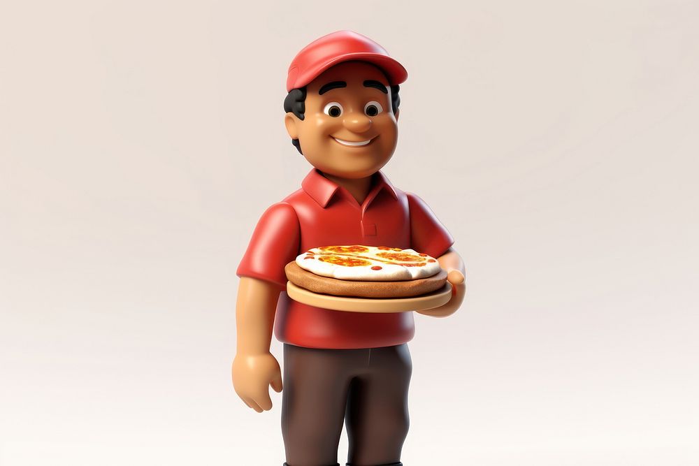 A pizza delivery man food happiness standing.