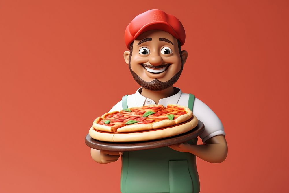 A pizza delivery man portrait cartoon food.