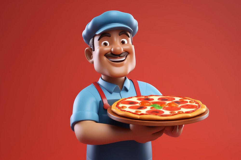 A pizza delivery man cartoon food pepperoni.