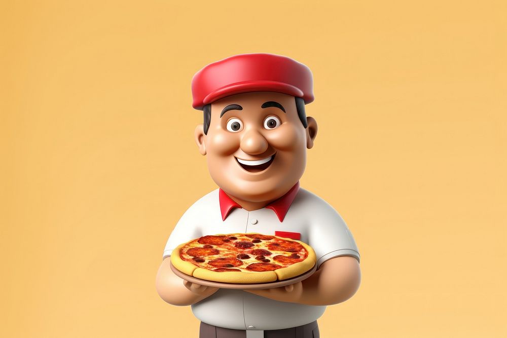 A pizza delivery man cartoon food advertisement.