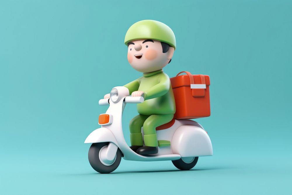 Delivery man riding by scooter motorcycle vehicle cartoon.