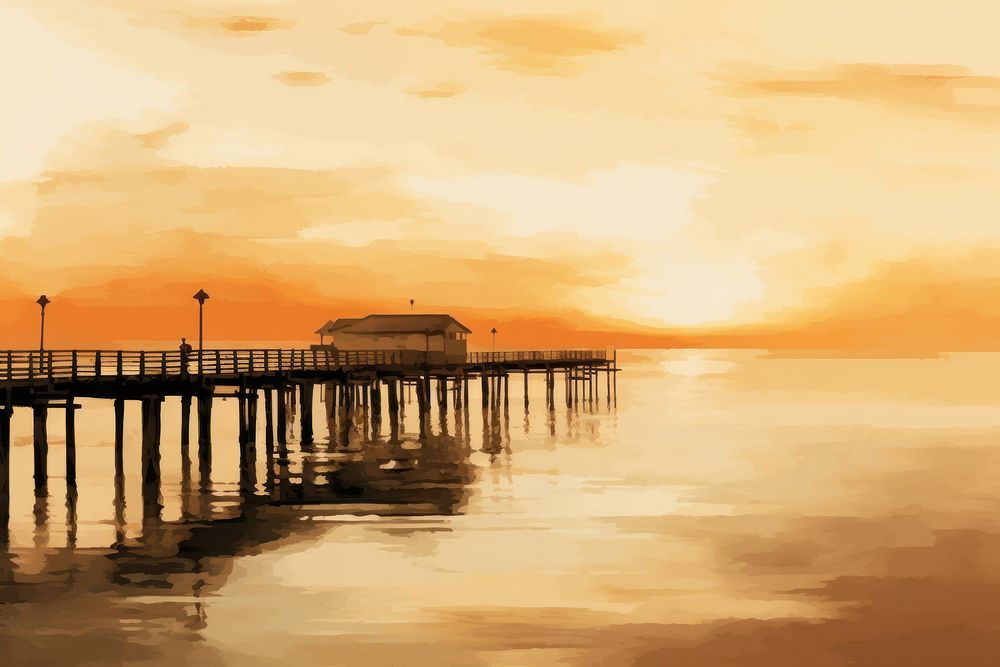 Sunset pier watercolor background sky outdoors painting.