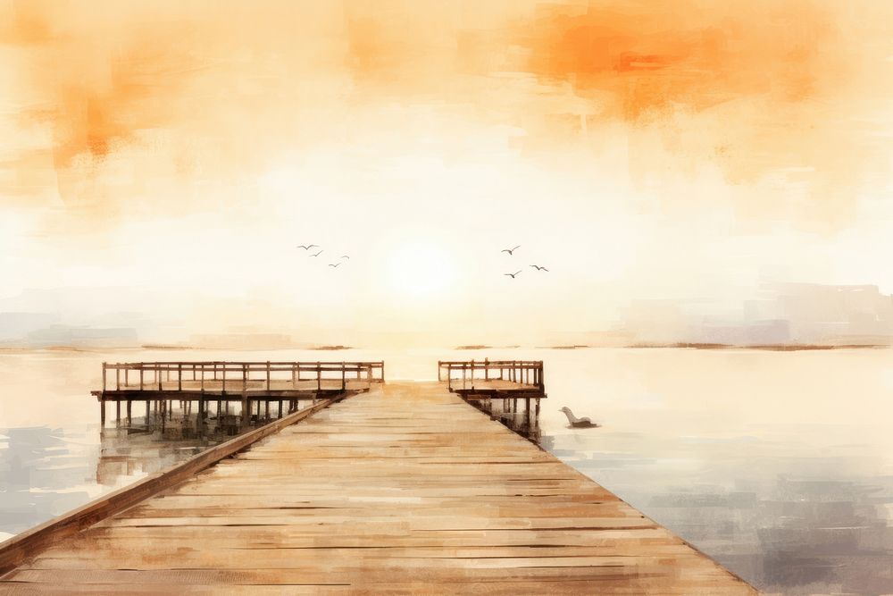 Sunset pier watercolor background painting outdoors dock.