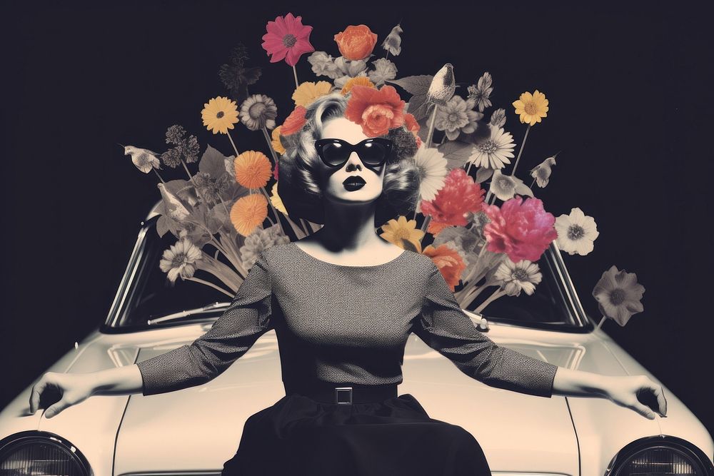 Paper collage of silhouette woman doing meditation flower portrait fashion.