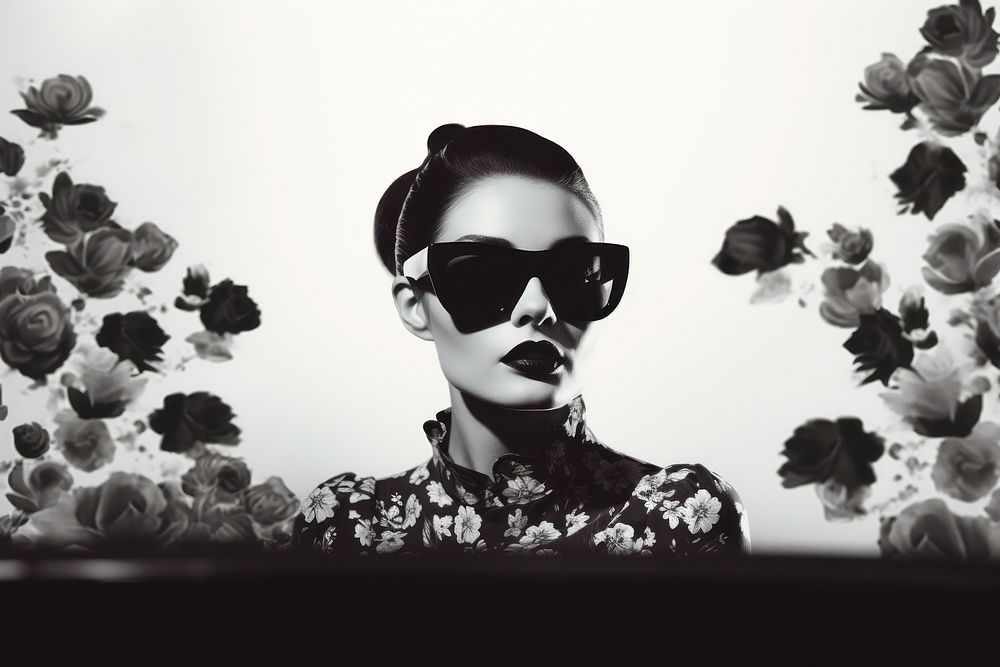 Paper collage of silhouette woman doing meditation flower sunglasses portrait.