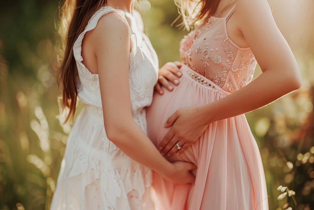 White shirt girl touching stomach of pregnant girl wearing pink dress fashion wedding adult.