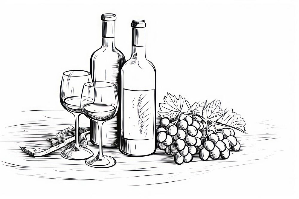 Wine outline sketch drawing bottle glass.