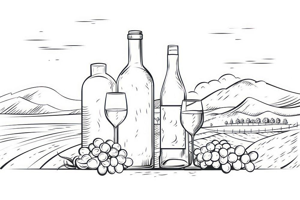 Wine outline sketch drawing bottle glass.