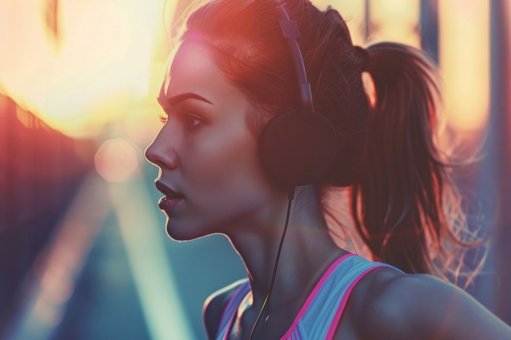 Woman listening music and running on treadmill headphones exercising technology.
