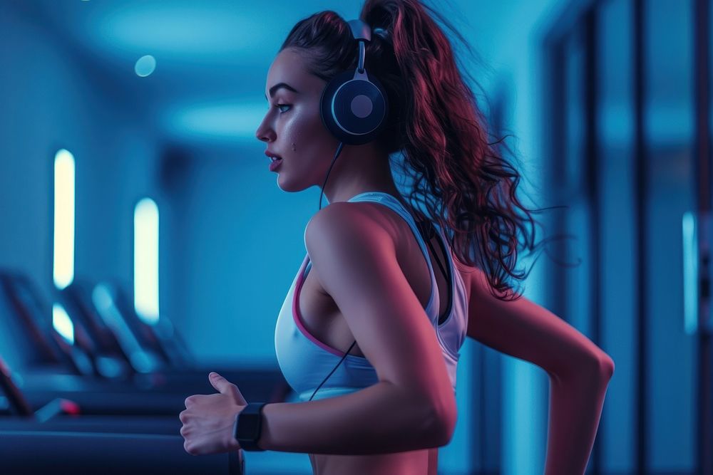 Woman listening music and running on treadmill headphones adult determination.