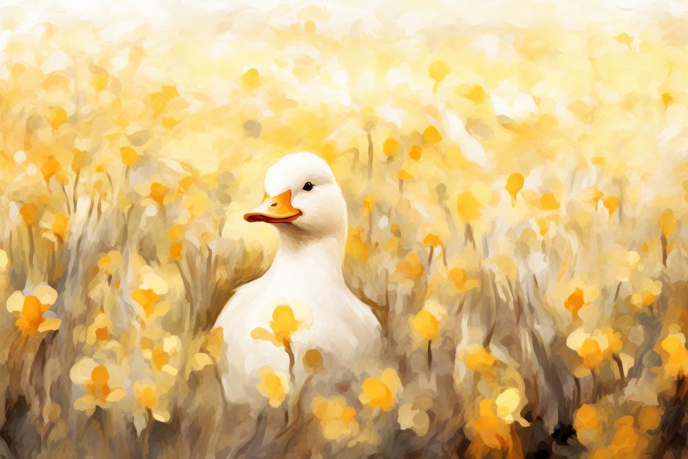 Daffodil field watercolor background painting duck outdoors.