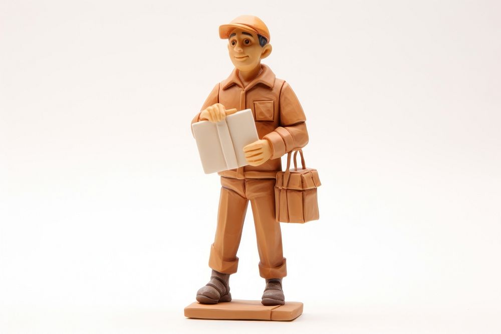 Mail delivery man figurine toy white background.
