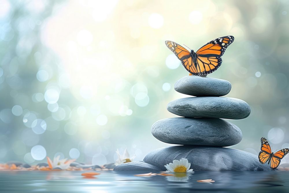 Photo of meditation rock butterfly invertebrate tranquility.