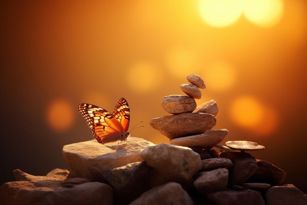 Meditation rocks with butterfly outdoors animal insect.