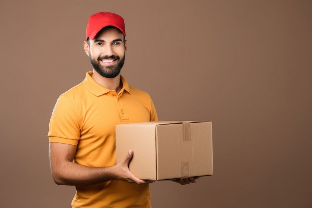 Delivery man holding a box cardboard portrait adult.