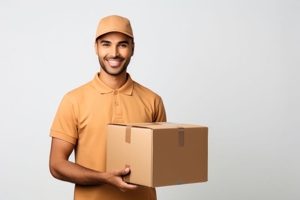 Delivery man holding a box cardboard portrait adult.