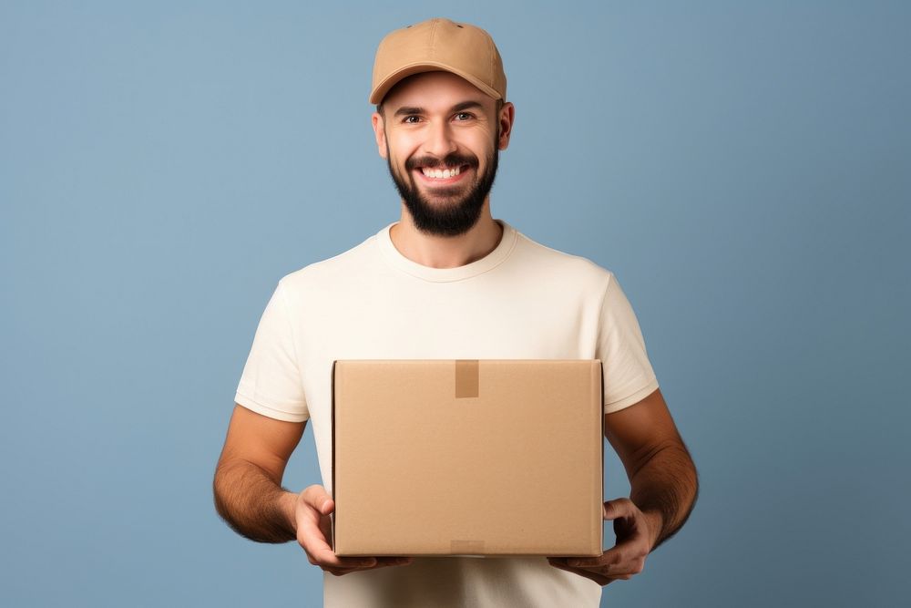 Delivery man box cardboard portrait.