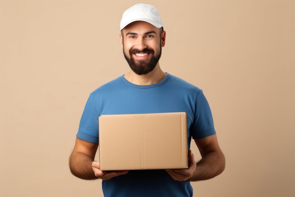 Delivery man box cardboard portrait.