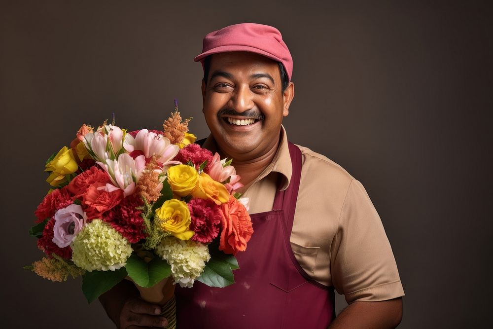 Indian flower delivery man portrait holding smile.