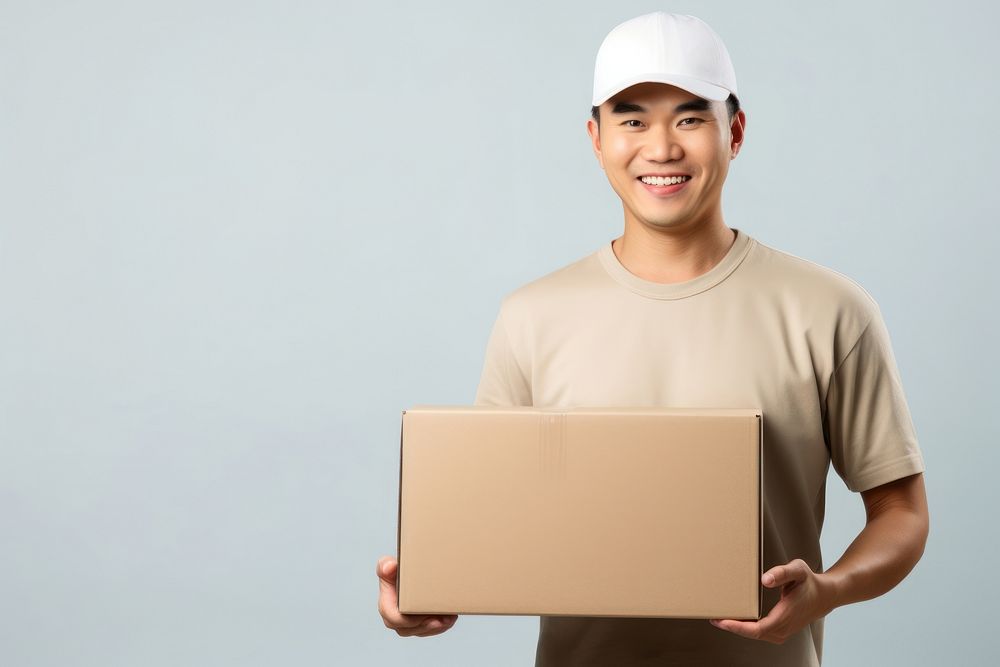 Japanese delivery man box cardboard portrait.