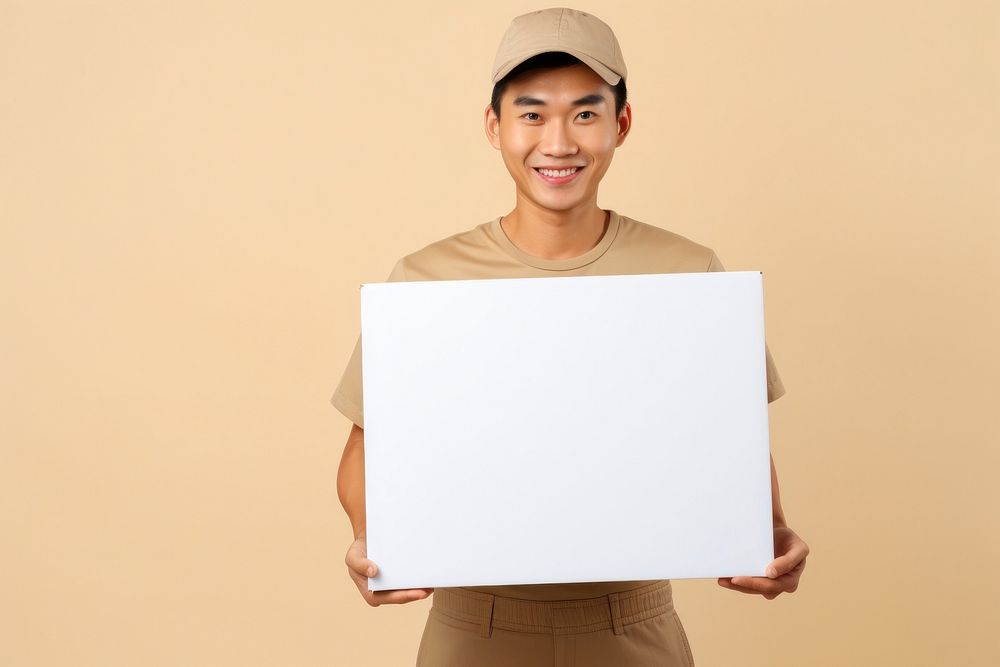 Japanese delivery man holding blank white box portrait cardboard adult.