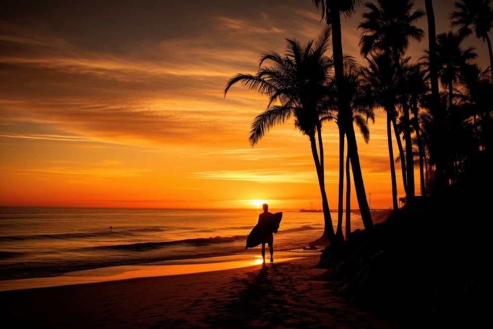 Surfer in silhouette sunset beach ocean.