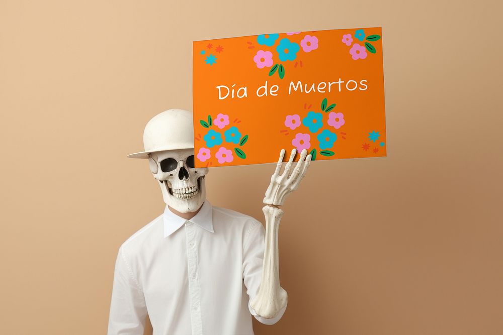 Skeleton holding orange sign mockup psd
