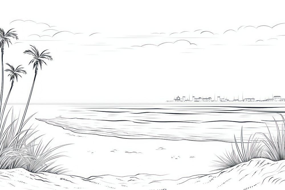 Beach outline sketch drawing tranquility illustrated.