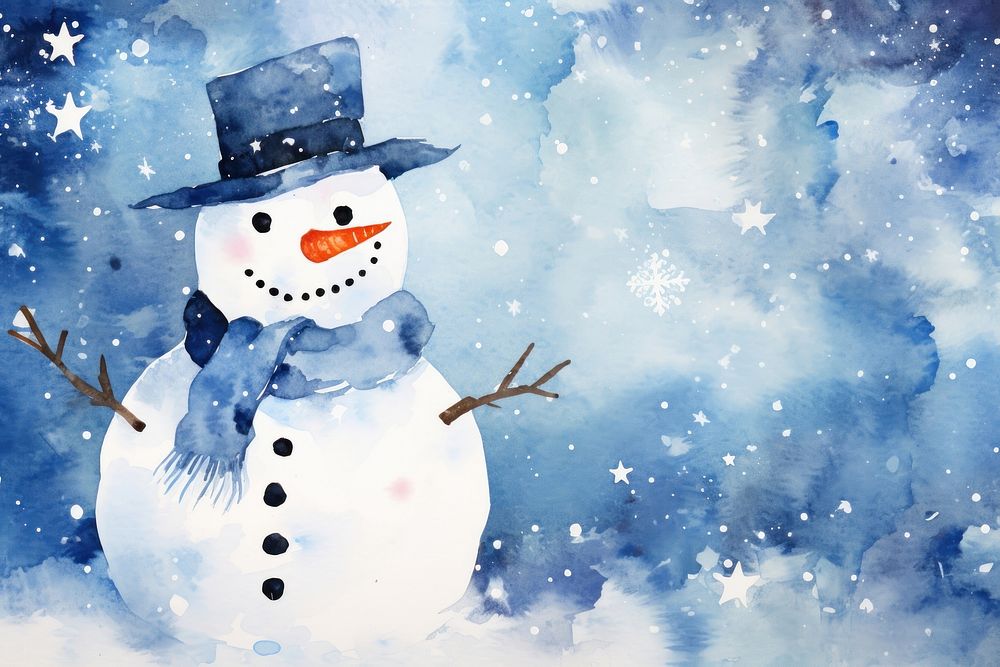 Snowman watercolor background painting winter white.