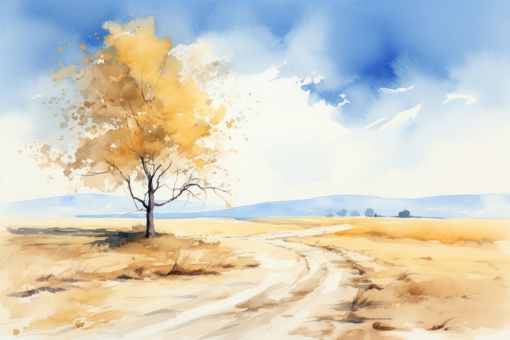Yellow tree watercolor background painting landscape outdoors.