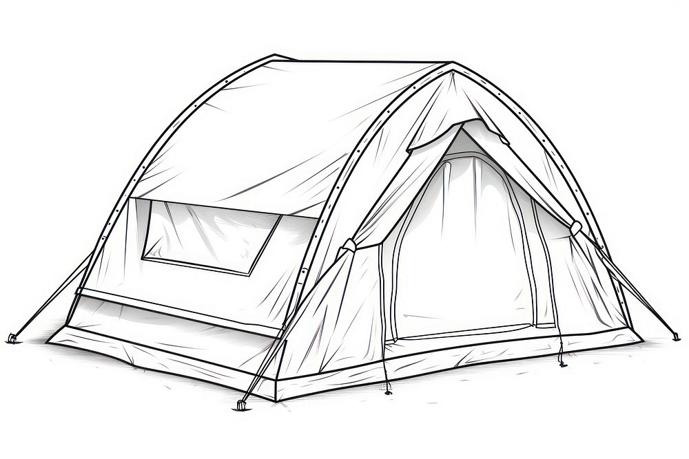 Camping tent outline sketch outdoors drawing white background.